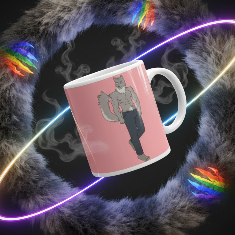 Pink mug featuring a shirtless anthropomorphic wolf in jeans, tilted against a neon-lit furry backdrop