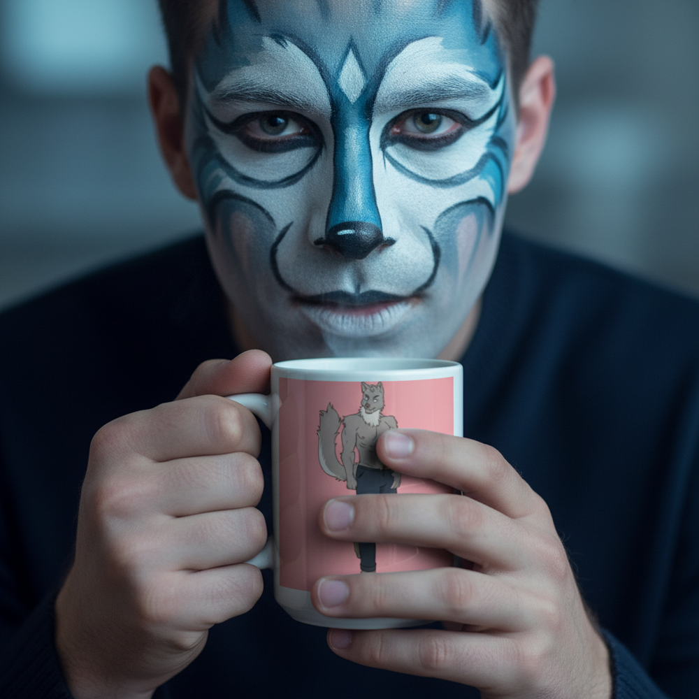Person in blue-and-white feline face paint holds a pink mug with an anthropomorphic wolf illustration