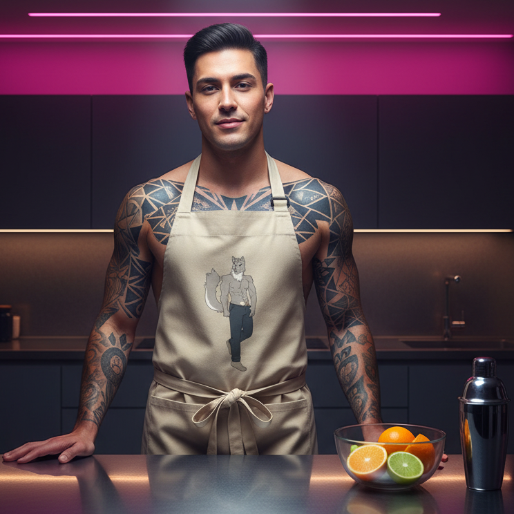 Tattooed person wearing a beige apron with a wolf-person illustration in a modern kitchen