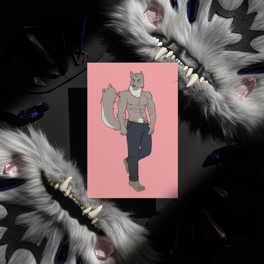 Postcard featuring a shirtless, muscular gray anthro wolf in blue jeans on a pink backdrop, faux fur, fangs