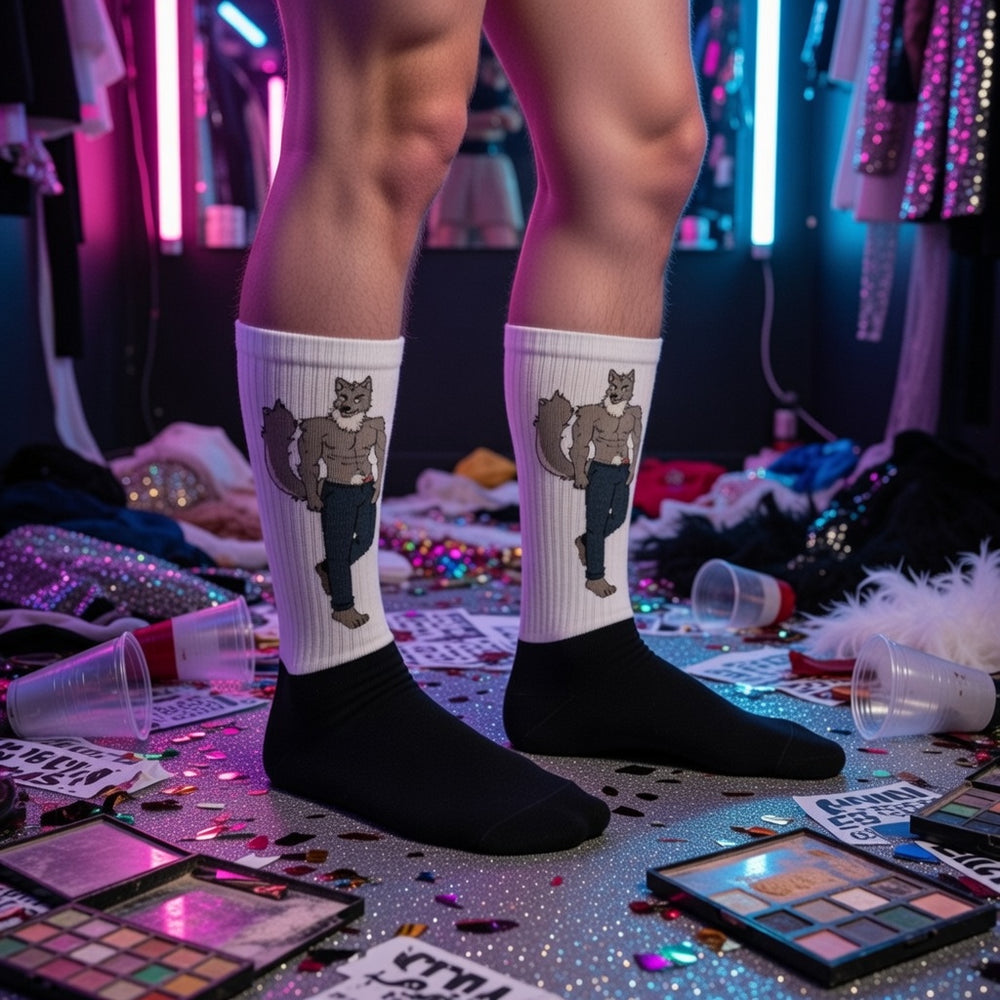 Crew-length Gay Wolf Socks with cushioned soles and a bold, buff wolf design