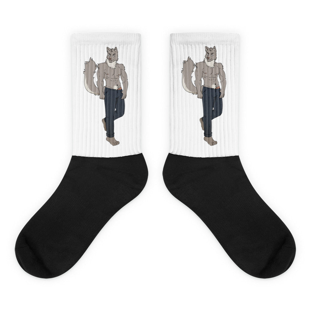 Pair of black-and-white crew socks featuring matching muscular wolf illustrations