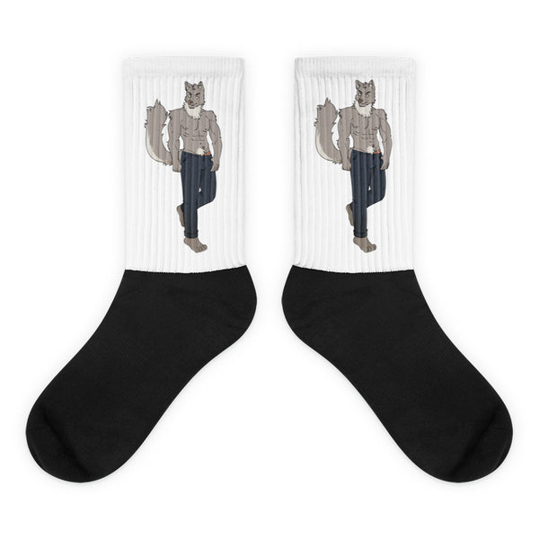 Pair of black-and-white crew socks featuring matching muscular wolf illustrations