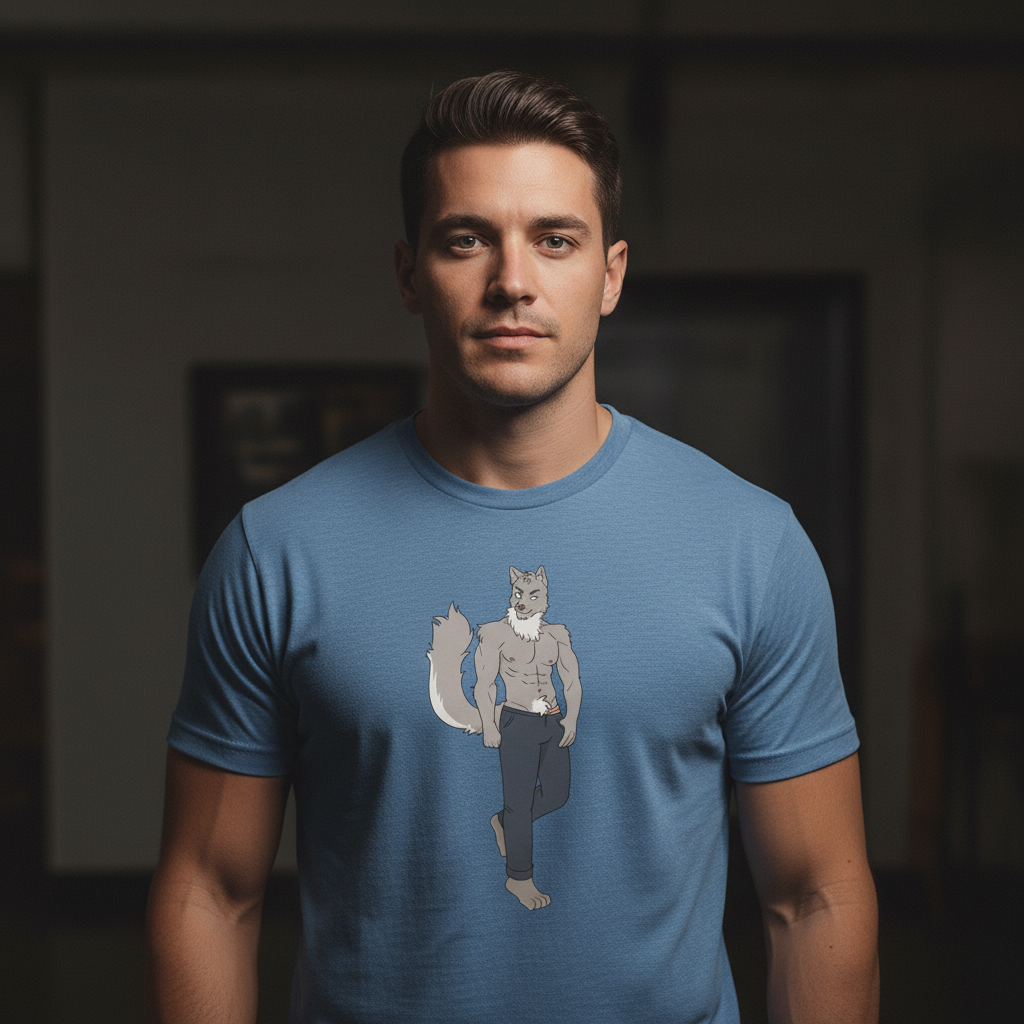 Gay Wolf T-Shirt featuring a bold cartoon of a buff wolf in jeans, worn by a person