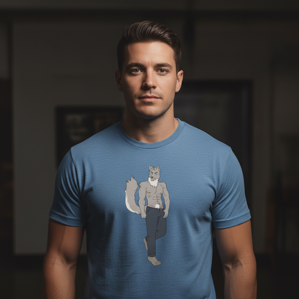 Gay Wolf T-Shirt featuring a bold cartoon of a buff wolf in jeans, worn by a person