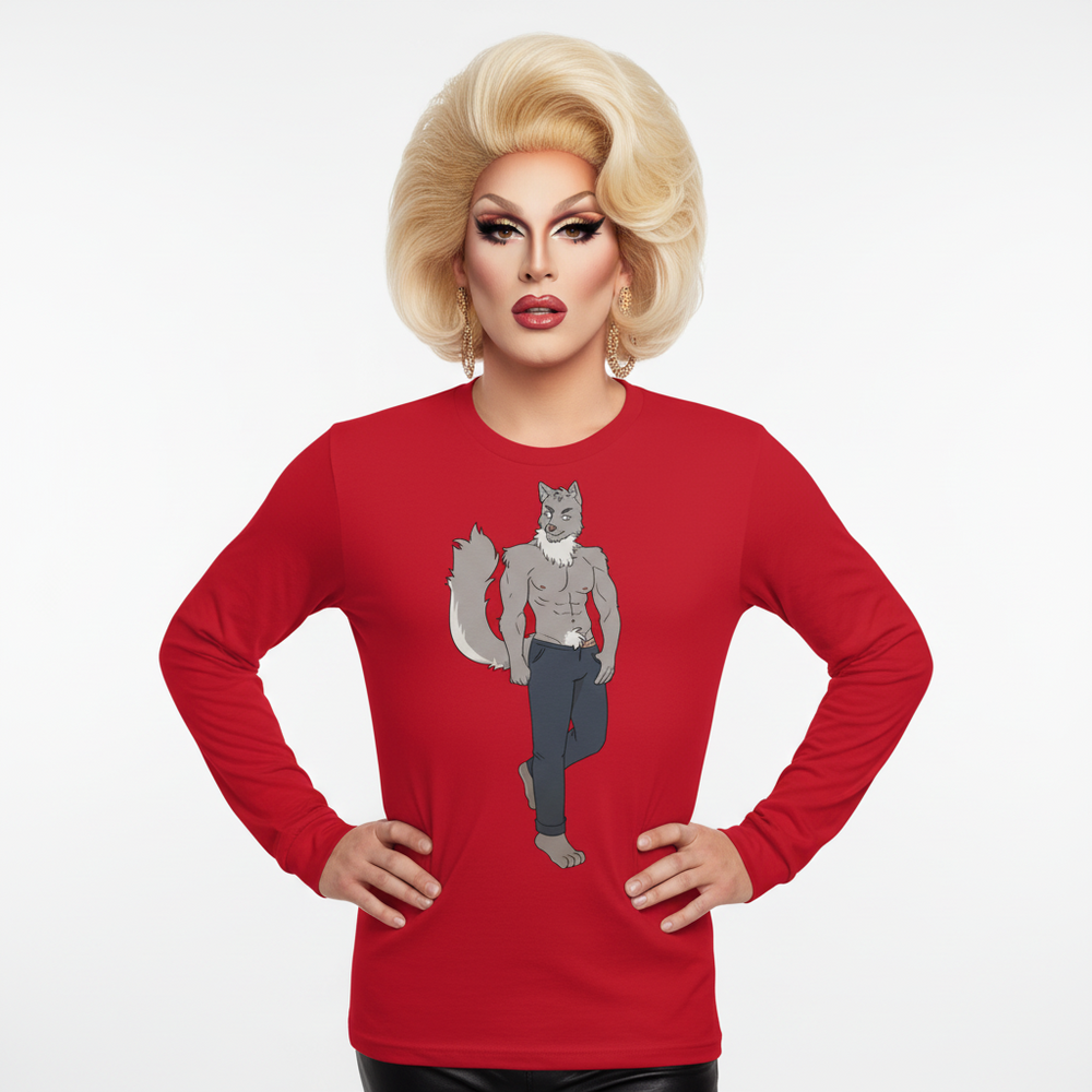 Red Gay Wolf unisex long sleeve tee,, with a ripped wolf in jeans striking a confident pose