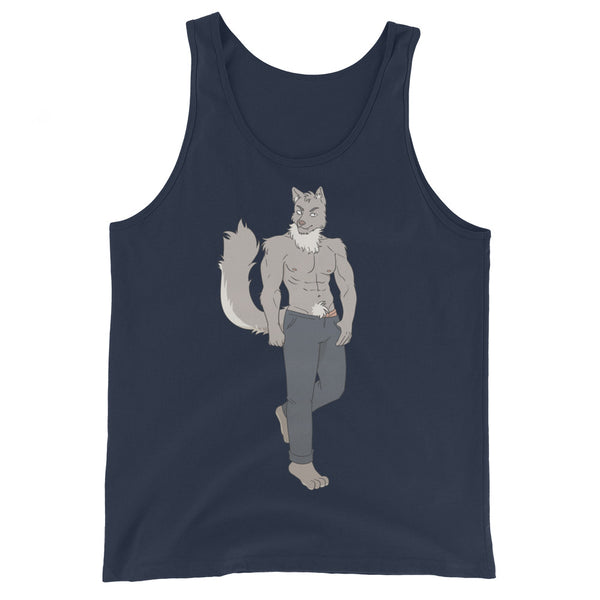 Navy tank top featuring a shirtless anthropomorphic wolf in gray pants