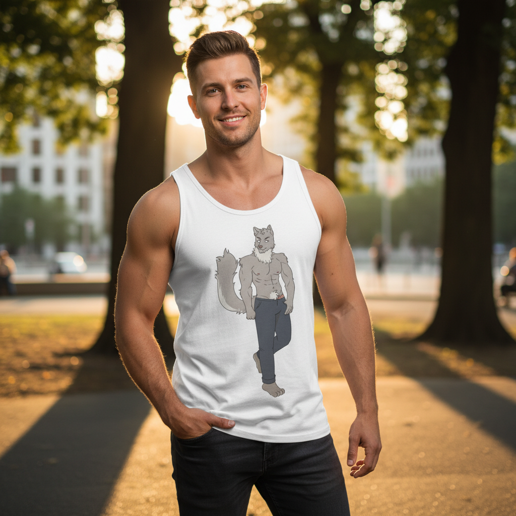 Gay Wolf Unisex Tank Top featuring a cartoon werewolf in jeans, worn by a smiling man in a sunny park, queer chill vibes.