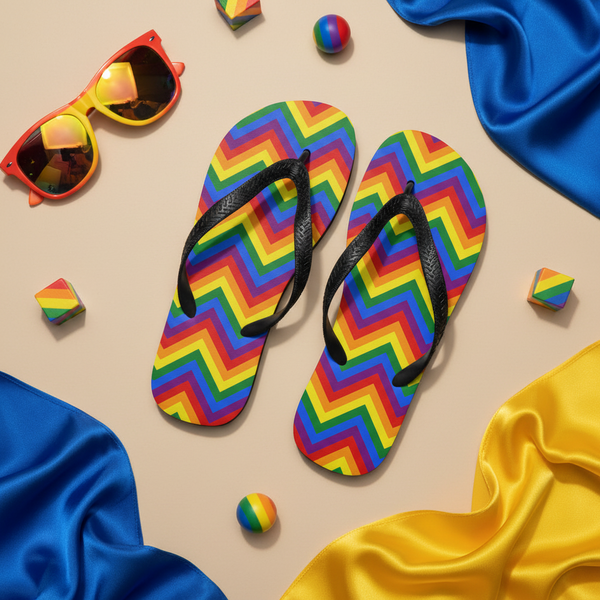 Gay Zig Zag Flip-Flops sit on a beige surface, framed by rainbow-striped balls, heart shapes, queer sunglasses
