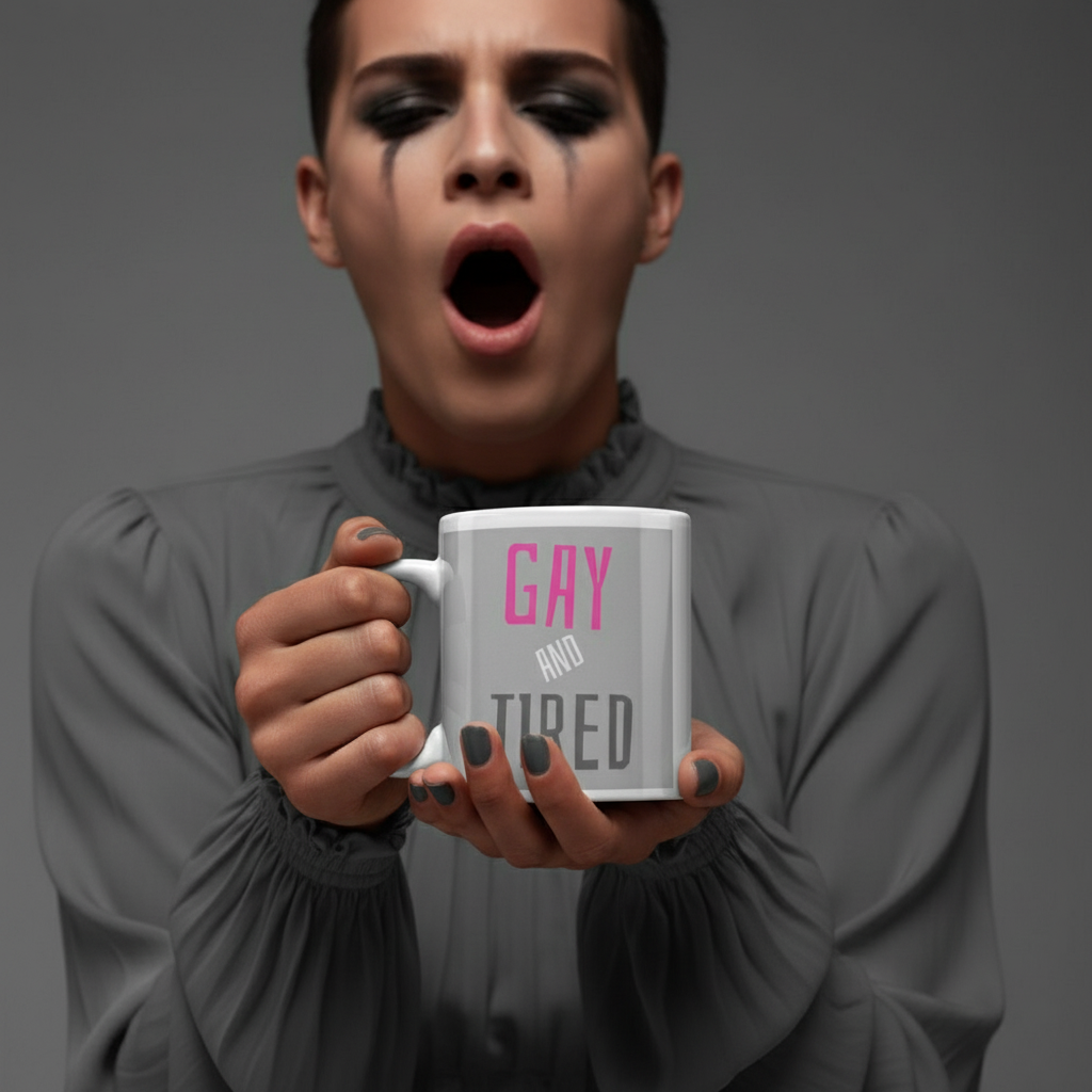 Person with dramatic eye makeup holds a white mug reading “GAY AND TIRED” while yawning
