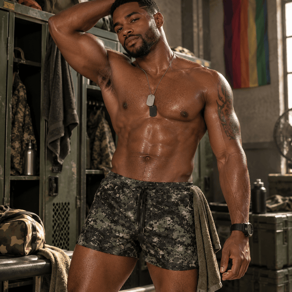 Man wearing camouflage gym shorts with a towel secured at the side