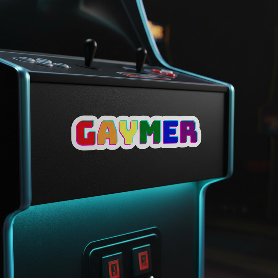 Gaymer Bubble-Free Sticker with rainbow letters pops on a teal retro arcade machine, joystick and buttons