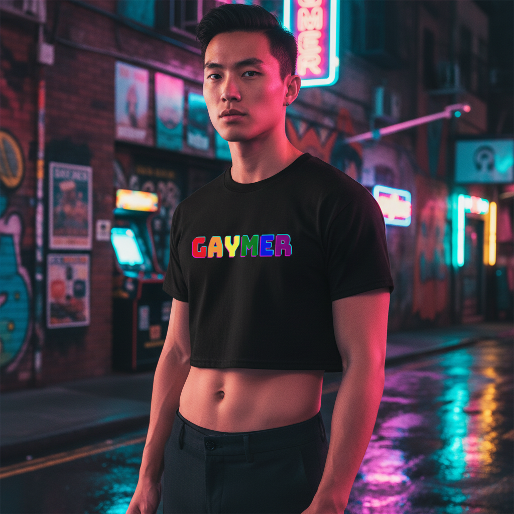 Gaymer Crop Top in bold queer style worn by a person, on neon-wet city street at night with arcade games and graffiti behind