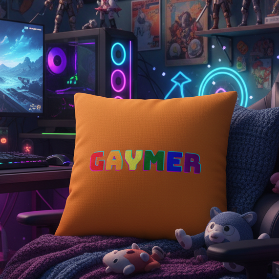Orange Gaymer Pillow with bold, colorful "GAYMER" text on a gaming chair, plush toys, rainbow decor