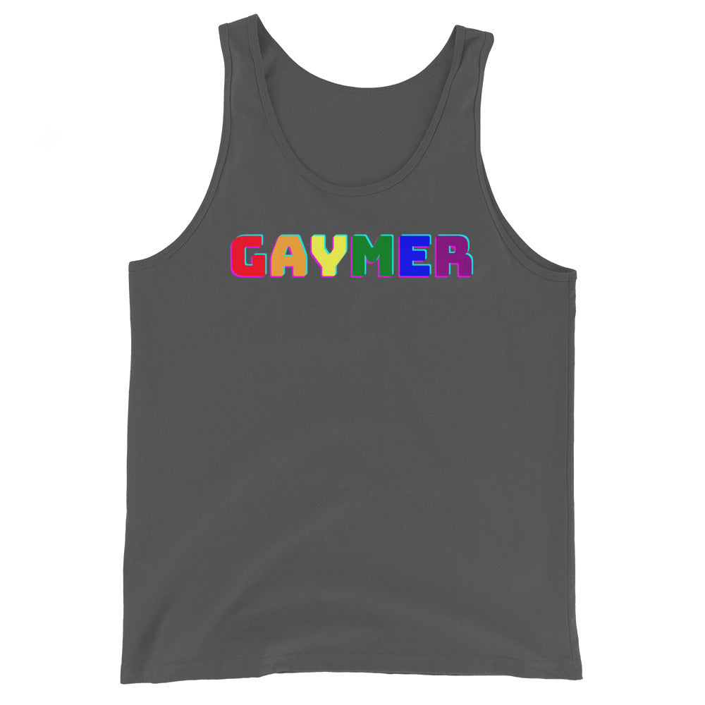 Gaymer Unisex Tank Top in dark gray, featuring "GAYMER" in bold rainbow gradient letters