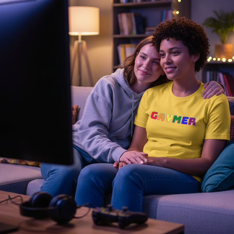 Gaymer T-Shirt worn by one person as they lounges on a cozy couch with another person