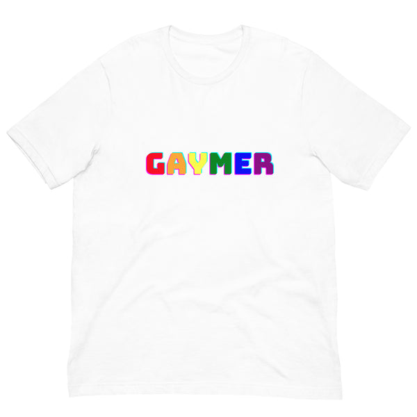 Gaymer T-Shirt in classic white, with bold rainbow 