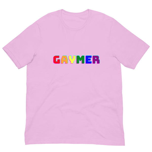 Light pink cotton tee with “GAYMER” in bold block letters, each a different Pride color, laid flat on a white background.