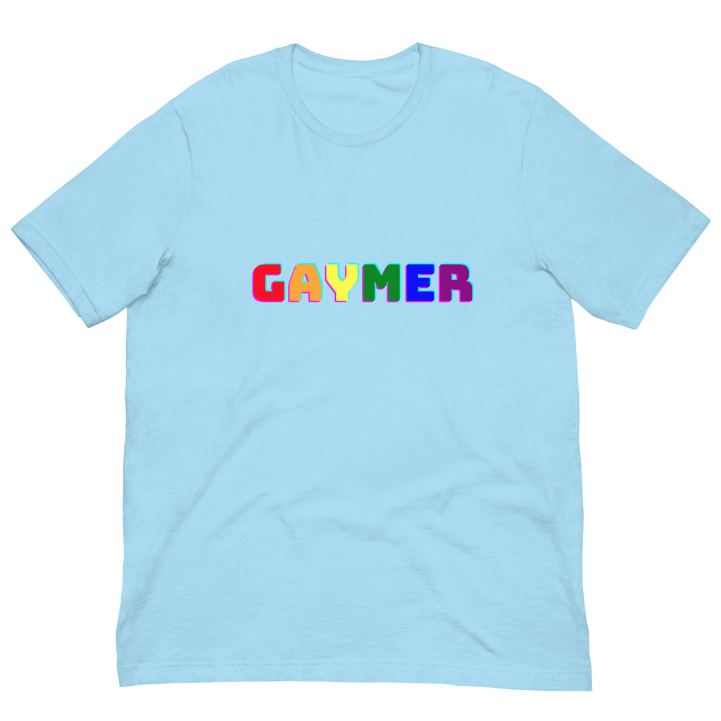 Light blue pride tee with "GAYMER" in bold rainbow letters across the chest