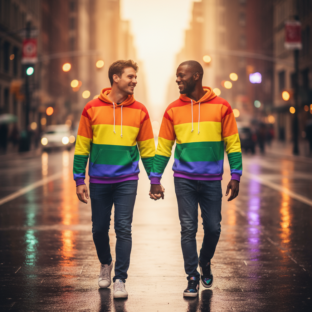 Two people hold hands while walking in matching rainbow-striped hoodies on a wet city street