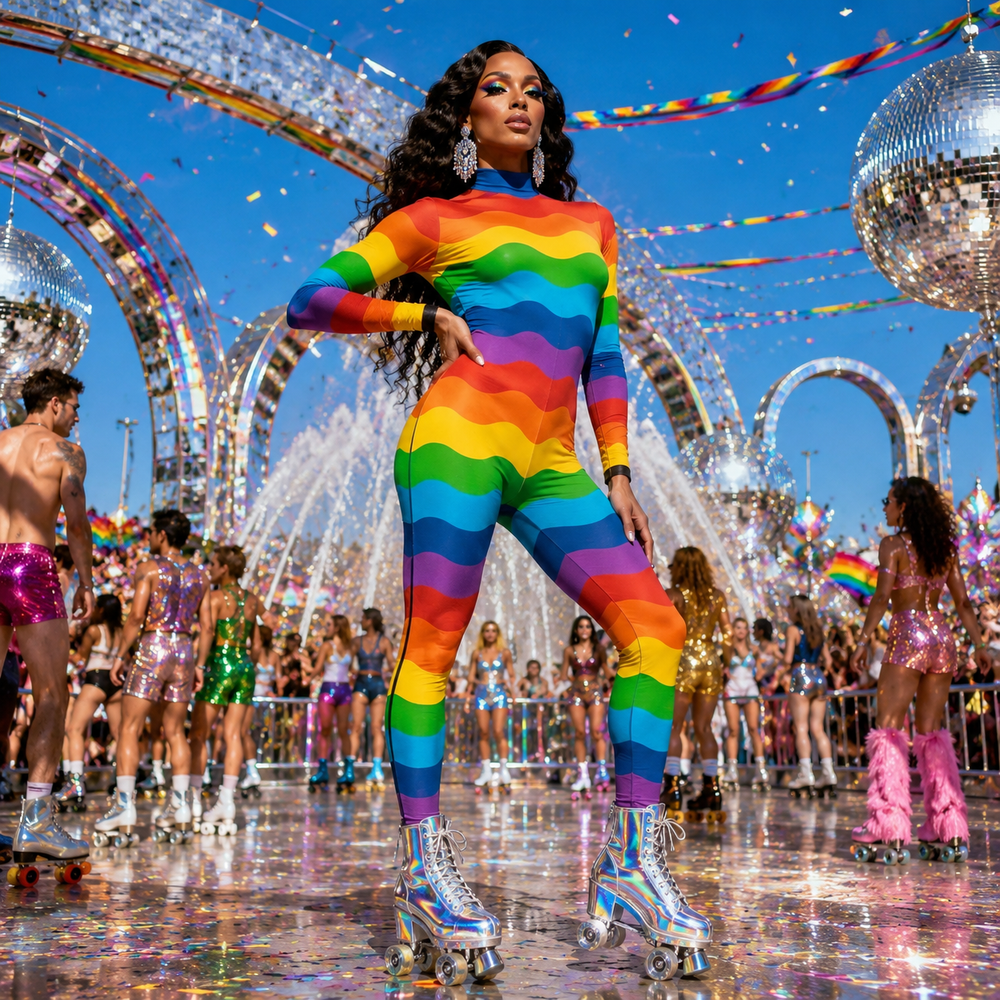 Long-sleeve rainbow Pride bodysuit worn at a colorful roller-disco celebration