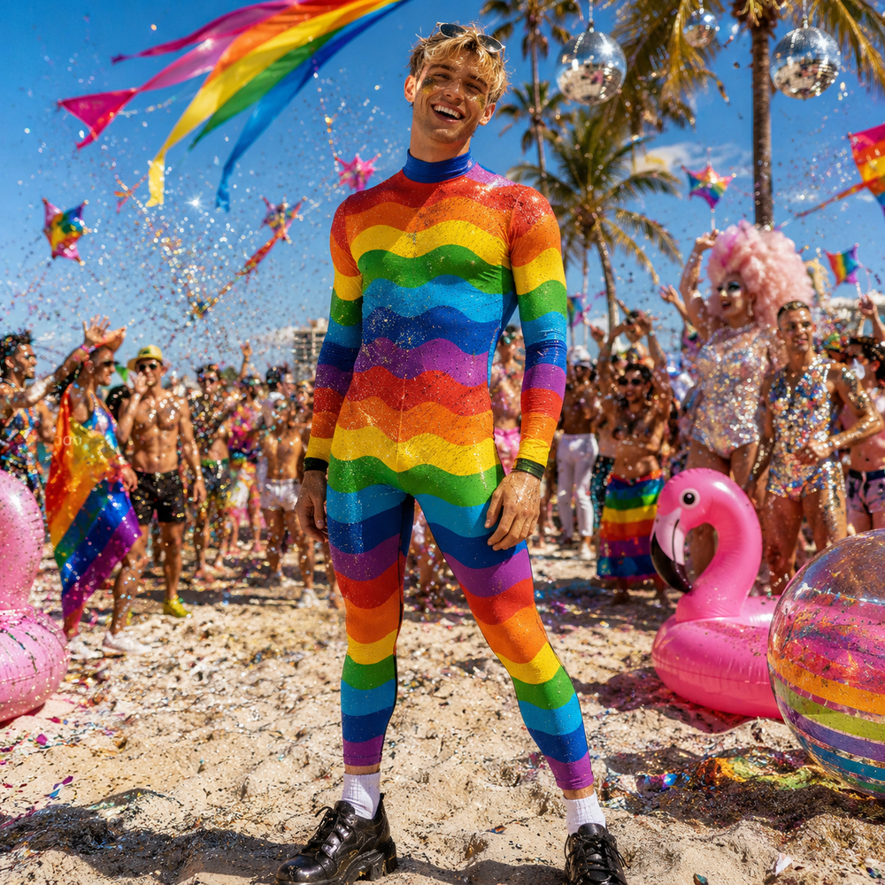 Model wearing a long-sleeve rainbow-striped Pride bodysuit at a beach celebration