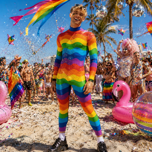 Model wearing a long-sleeve rainbow-striped Pride bodysuit at a beach celebration