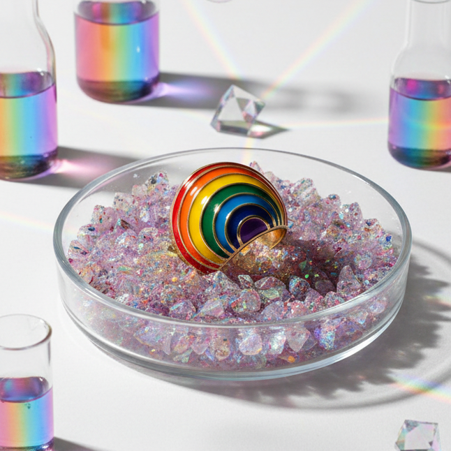 Rainbow-striped ring resting in iridescent crystals inside a glass dish