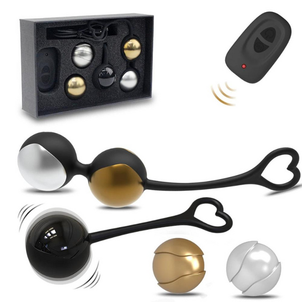 Exploded product graphic of black, gold, silver, and white vibrating kegel balls with remote