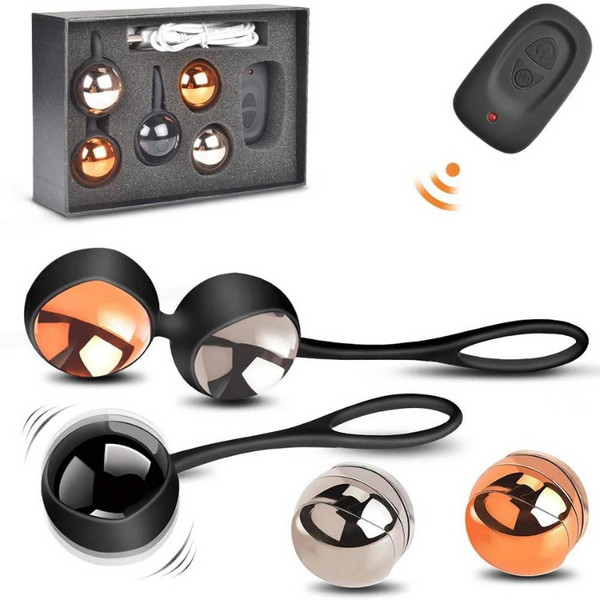 Vibrating kegel balls with looped cords, remote, charger, and storage box