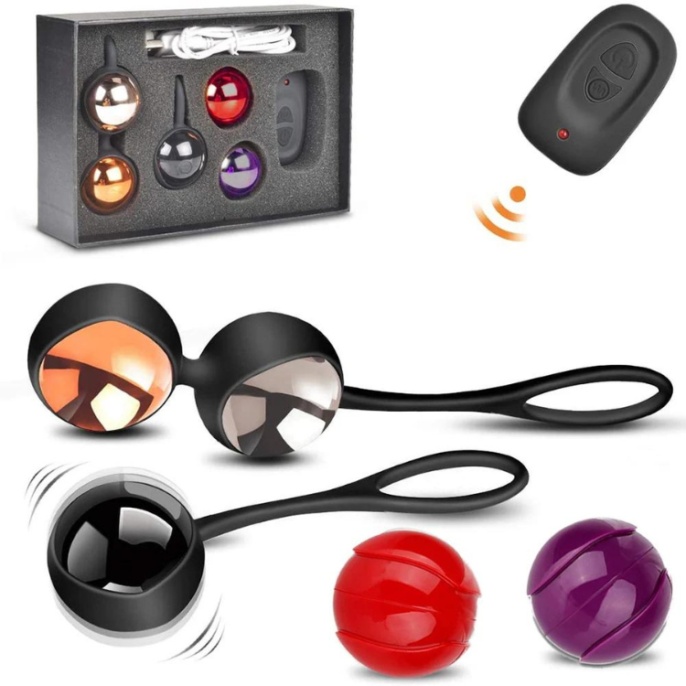 Vibrating kegel egg set with four colored eggs, remote, case, and charging cable