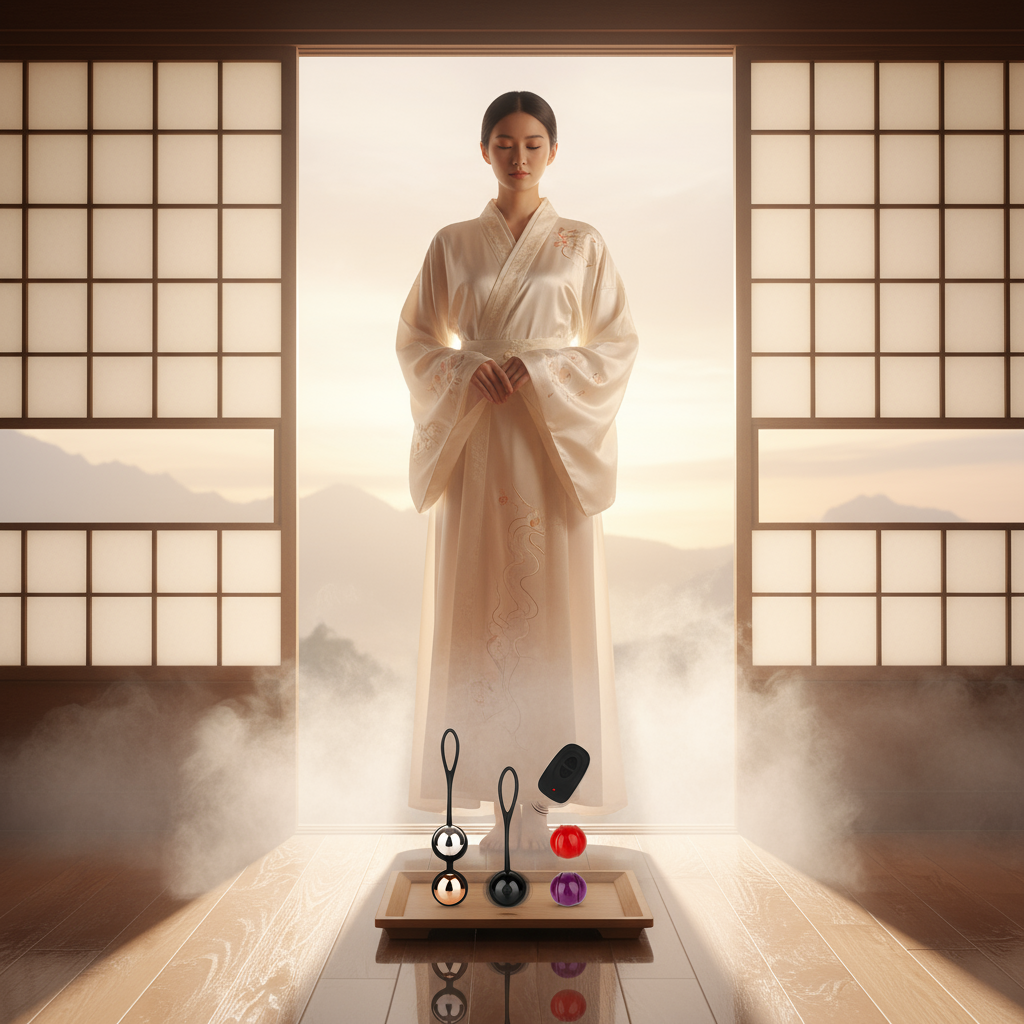 Person in a white kimono stands behind a tray of colorful vibrating kegel eggs