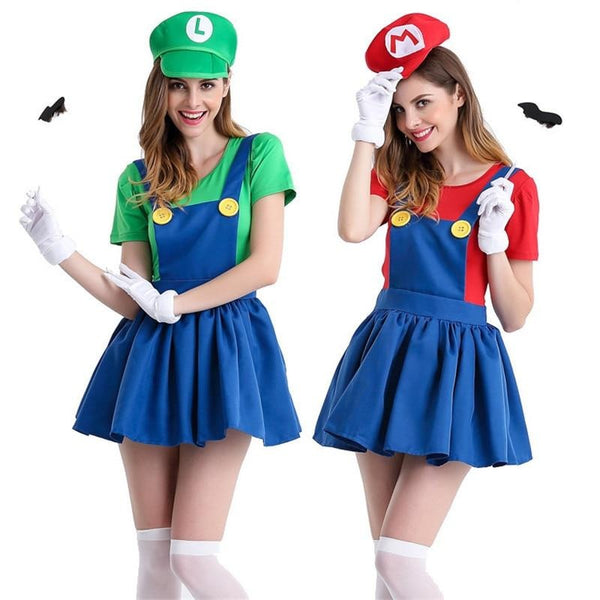 Gender-Bending Super Maria Sisters cosplay with two people in blue suspender skirts, Mario and Luigi inspo