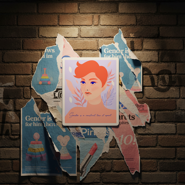 Bubble-free sticker with pastel colors shows an orange-haired, blue-eyed person and leafy shapes