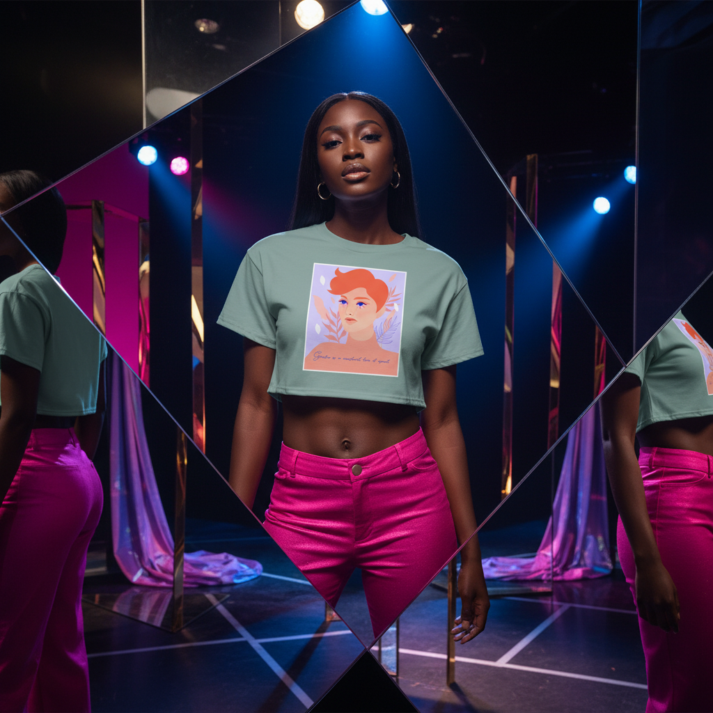 Gender Is A Construct Tear It Apart Crop Top with bold portrait, bright pink pants; angled mirrors, draped fabric