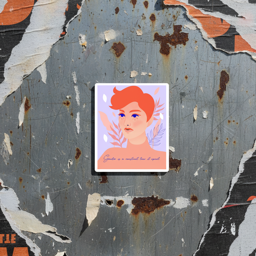 Vinyl magnet with “The Gender Is A Construct Tear It Apart” slogan, featuring a red-haired