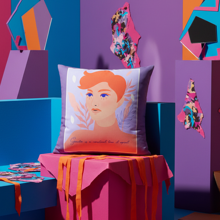 Premium pillow with "The Gender Is A Construct Tear It Apart" slogan, queer portrait, orange hair