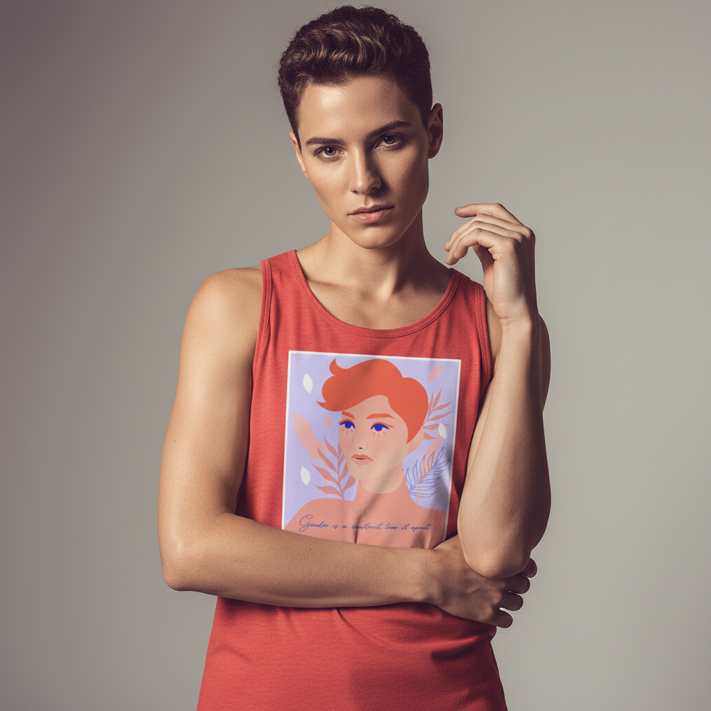 Red sleeveless “Gender Is A Construct Tear It Apart” tank featuring an illustrated portrait, leaves