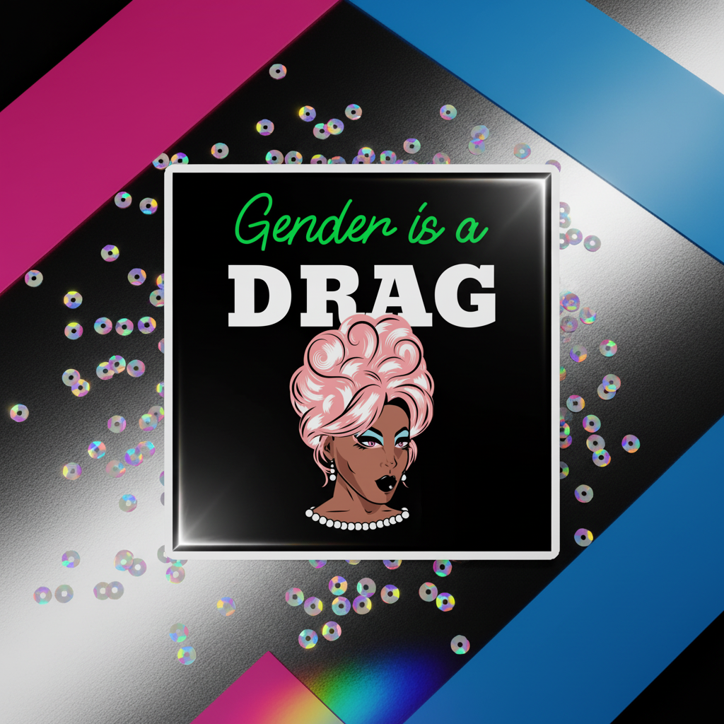 Gender Is A Drag magnet with green cursive and bold white text, a glamorous drag queen, and magenta, blue