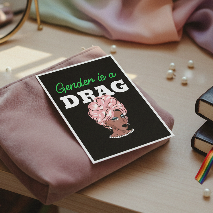 Postcard showing a drag queen with pink hair, pearls, bold makeup, and “Gender is a Drag” on pink pouch with rainbow ribbon