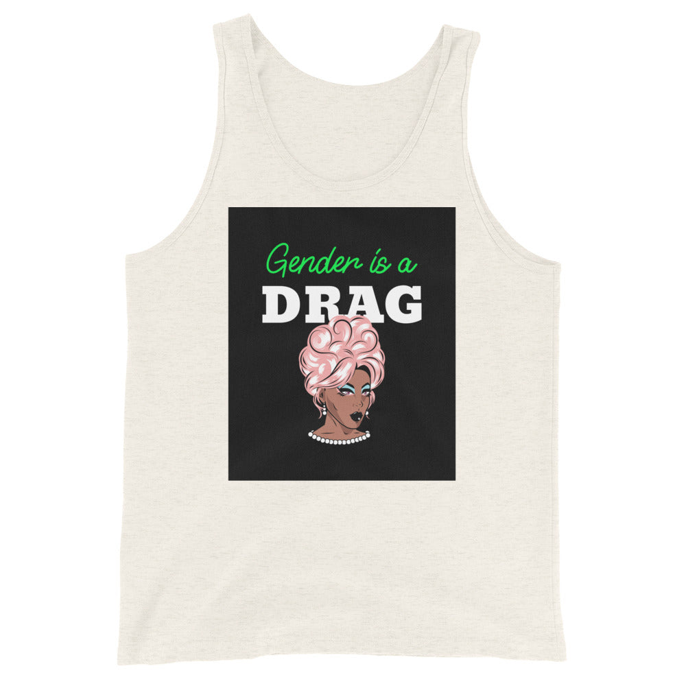 Unisex tank top in cream with a vibrant pink-haired drag queen and pearls