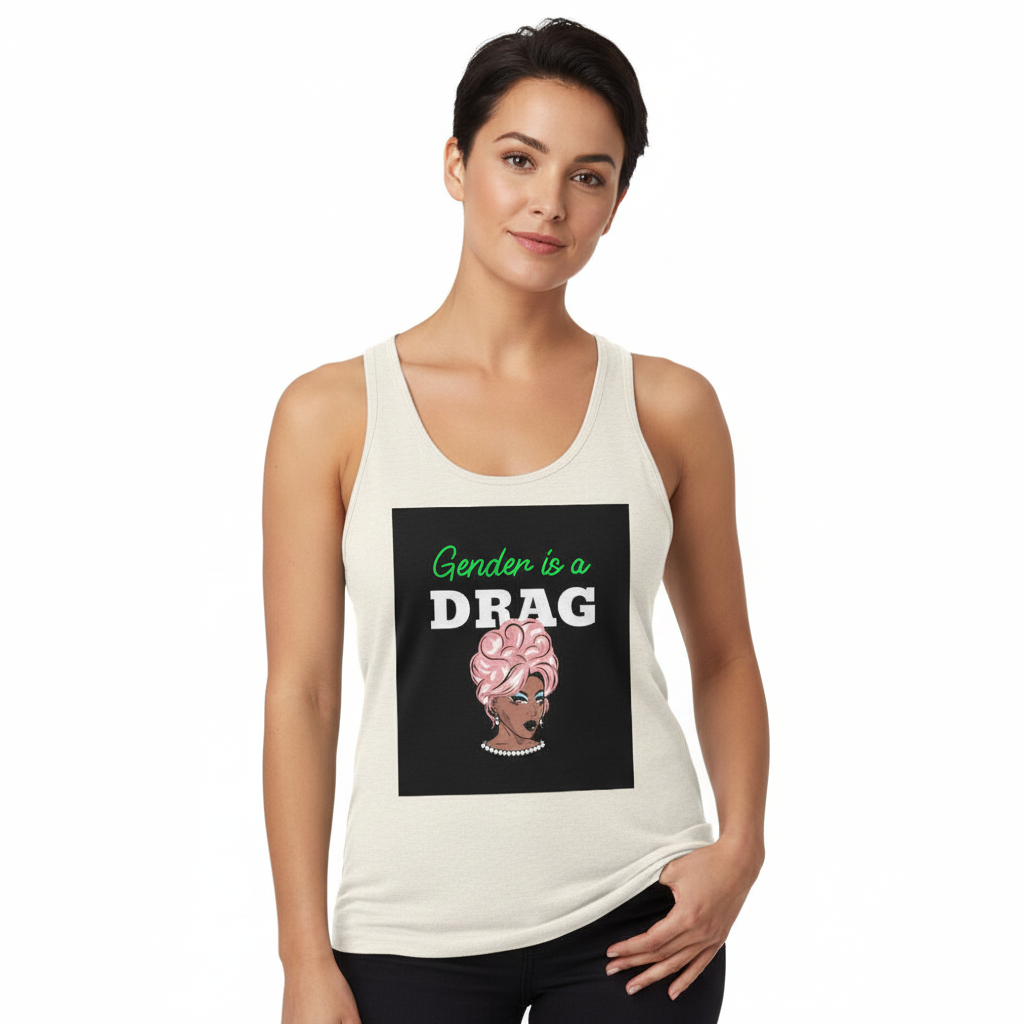 Unisex tank top with bold drag queen art and "Gender is a DRAG." Queer femme model, relaxed, smiles with hand in pocket.