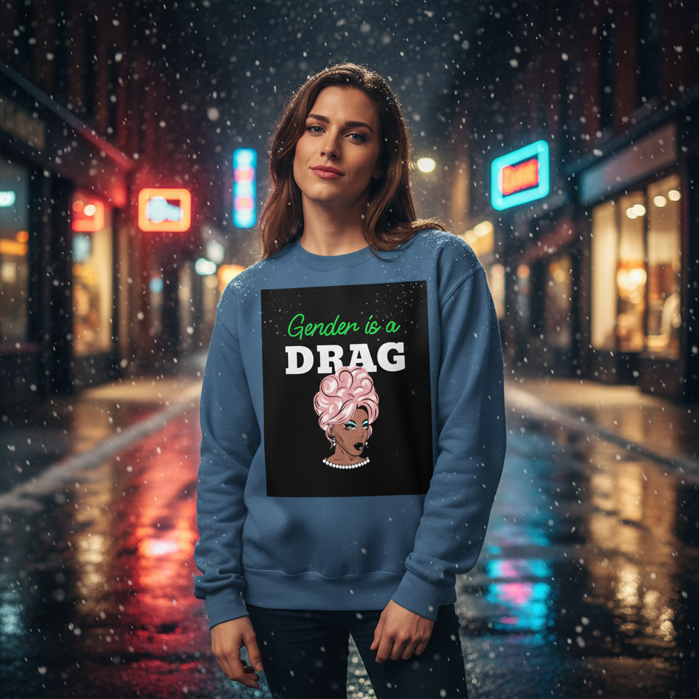 Model wearing a blue sweatshirt reading “Gender is a DRAG” with a drag-queen graphic in a snowy city street