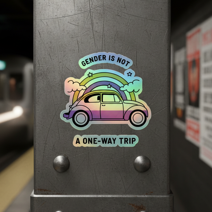 Holographic sticker shows pastel rainbow VW Beetle, clouds, stars, and “Our Gender Is Not A One-way Trip” slogan
