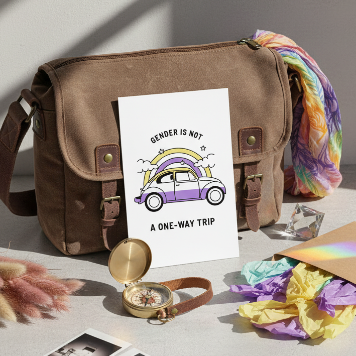 Brown satchel with rainbow scarf, Gender Is Not A One-Way Trip postcard (purple car, rainbow), plus LGBTQ stickers, compass