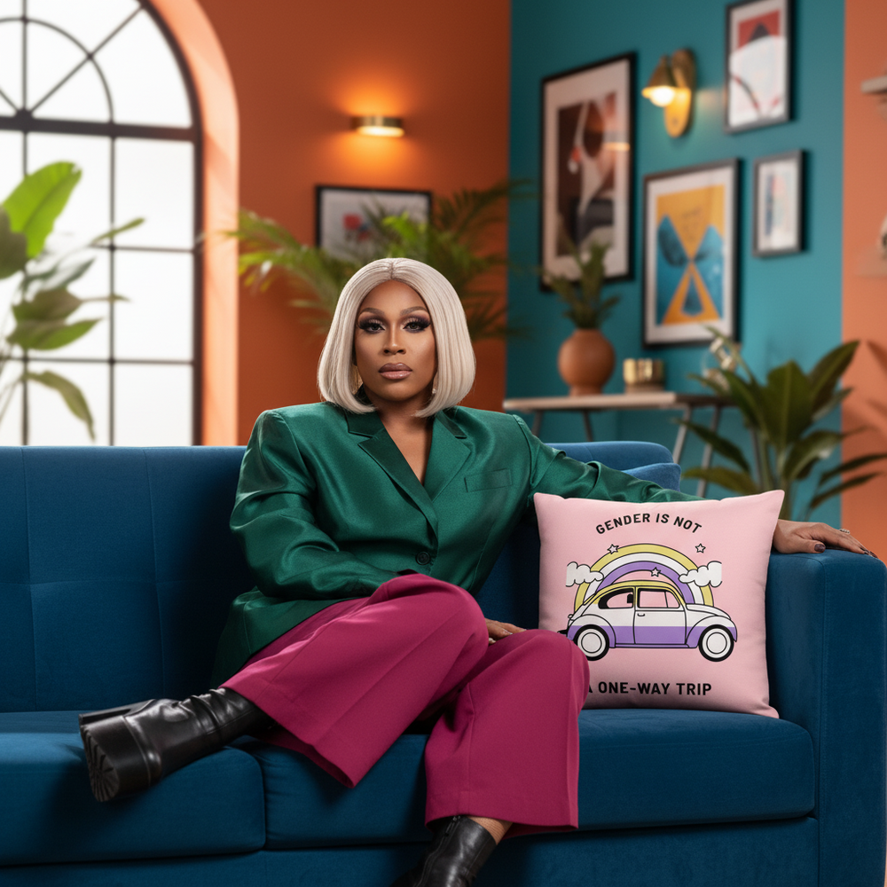 Blonde person in green blazer, magenta pants, sits on blue couch holding "Gender Is Not A One-Way Trip" rainbow pillow