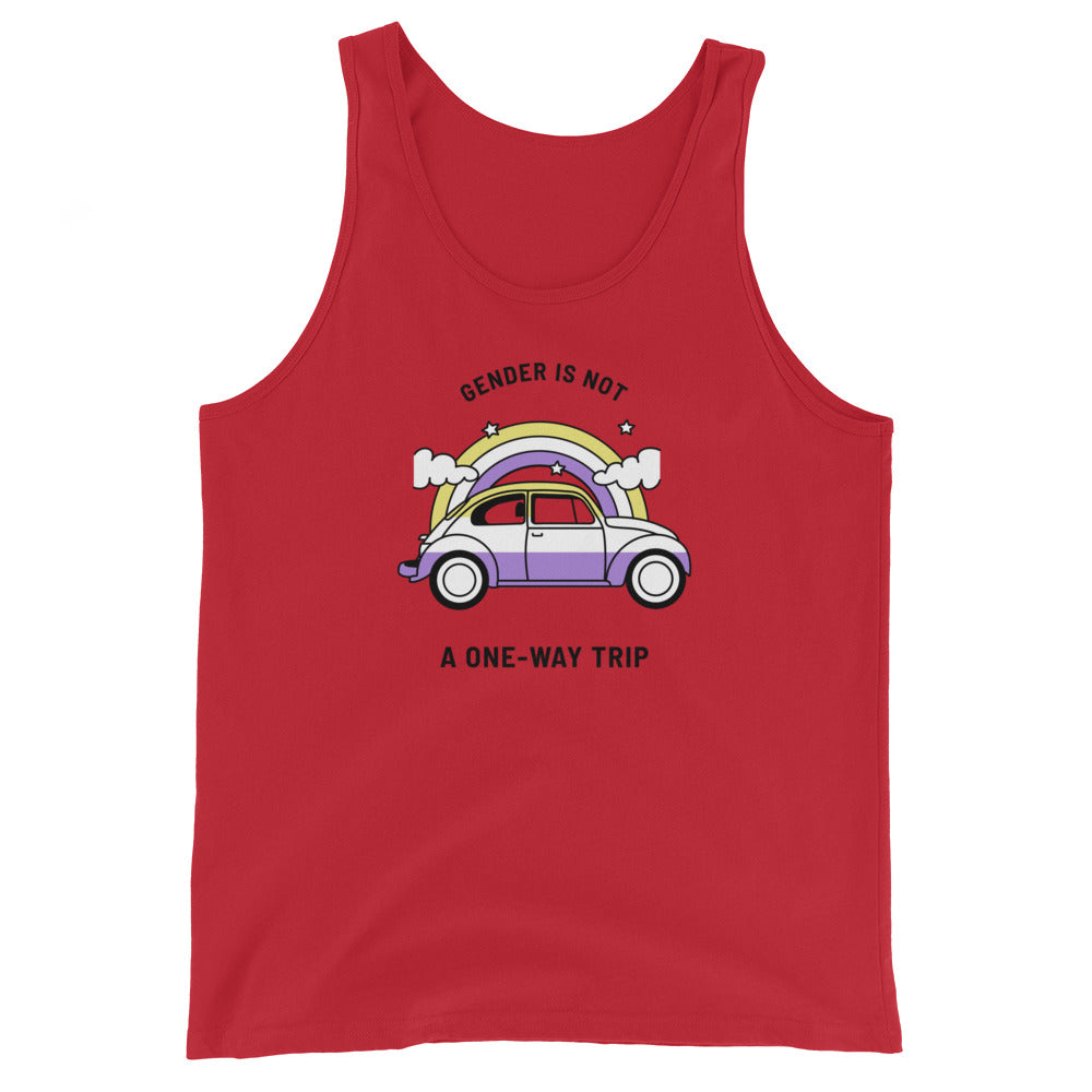 Front view of a red tank top with “GENDER IS NOT A ONE-WAY TRIP” and rainbow car graphic