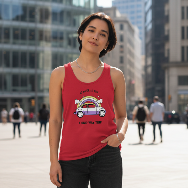 Person wearing a red tank top with a rainbow car graphic and “GENDER IS NOT A ONE-WAY TRIP” text