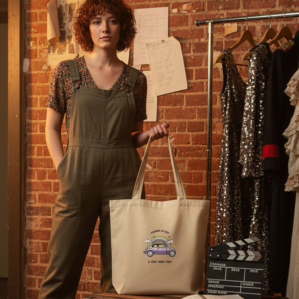 person holding a cream tote with a colorful vintage car graphic and small text