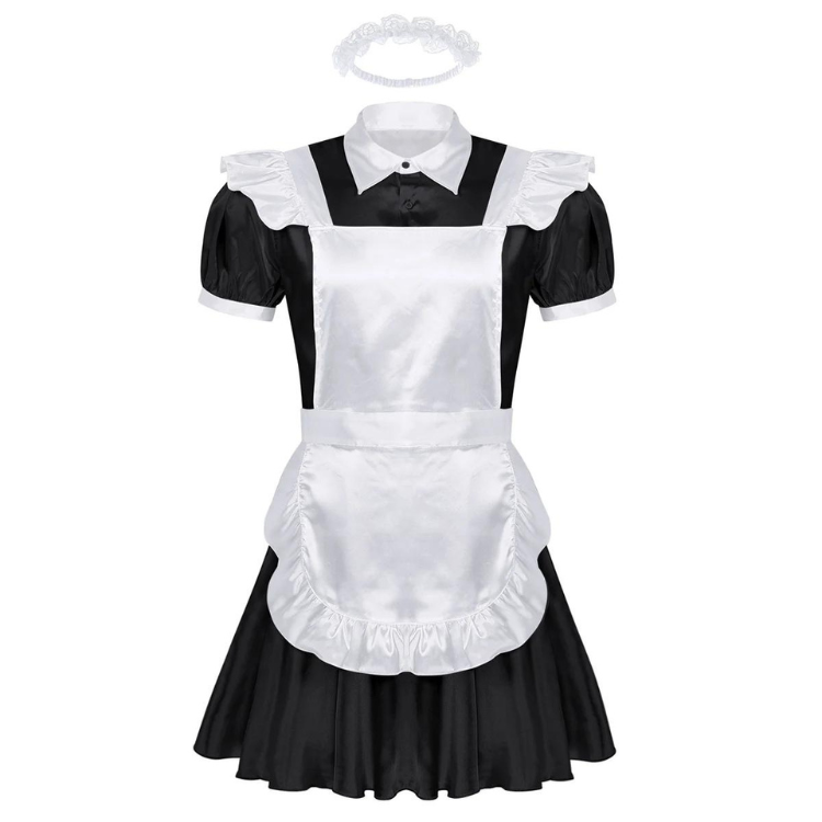 Front-facing black-and-white maid costume with puff sleeves, apron, and lace headband
